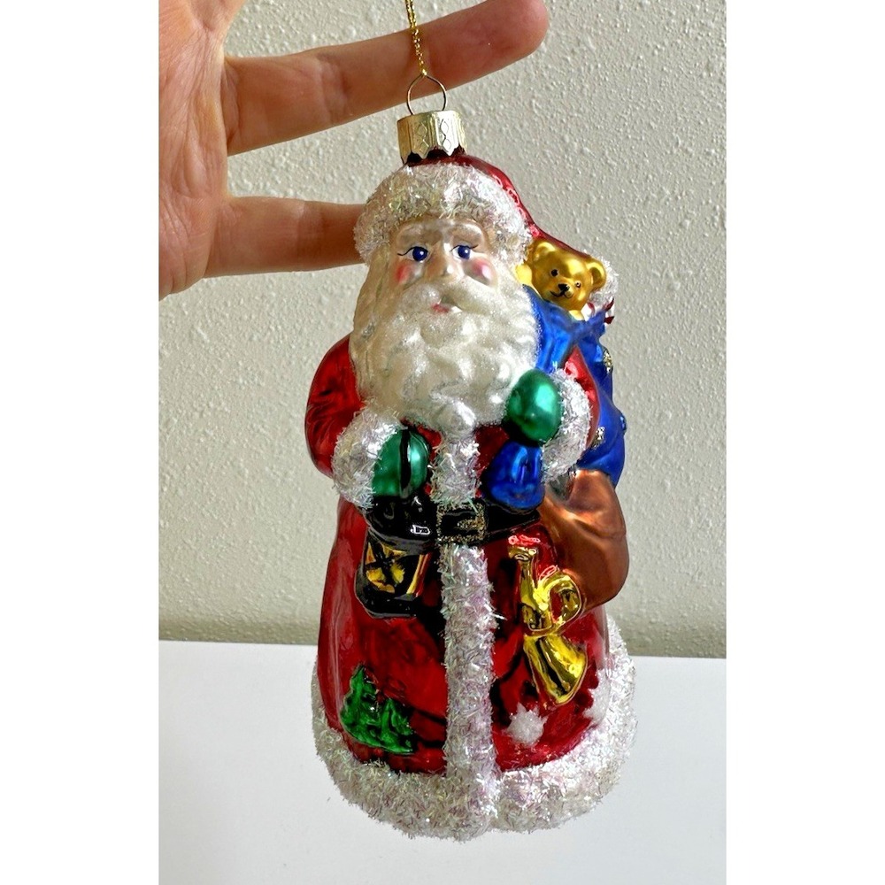 Handblown Glass Santa Ornament Sack Stars Blue White Glitter 2003
